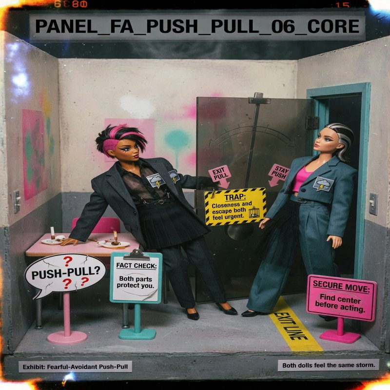 Diorama panel: fearful-avoidant push-pull teaching scene