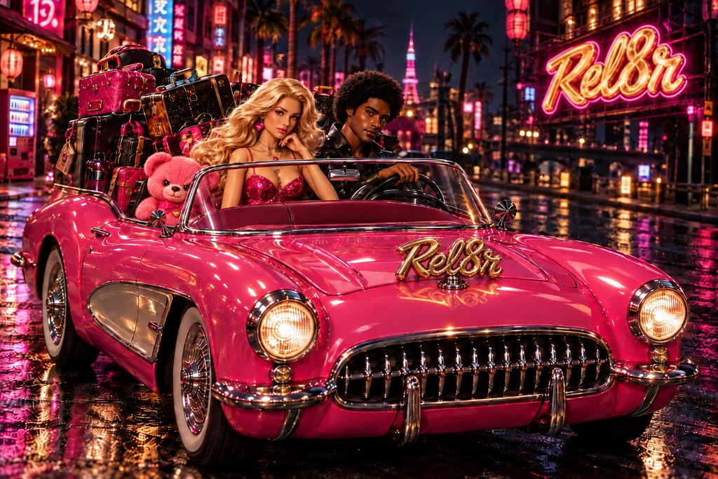 Two collector dolls in a hot-pink vintage convertible on a neon LA-Tokyo street at night: Aleksandr, a blonde woman in a sequined top with her hand at her chin, and Leo, a Black man with an afro in a leather jacket, at the wheel, her pink teddy bear Barnaby Bear wedged between her seat and the door, the back seat packed with luxury luggage. A cast-brass Rel8r script ornament stands on the hood, and a warm neon Rel8r sign glows across the street.
