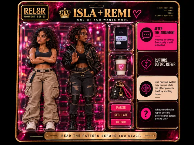 Isla + Remi / After the Argument (Card 08): Isla standing, arms crossed, looking away and Remi standing, right hand raised palm out, against a printed wet city street at night with pink and purple bokeh backplate; a phone reading 11:24 and Babe, Can we talk later?, a paper coffee cup with a neon heart and a car key with a crown and a braided strap in the side pockets; Rupture Before Repair panels.