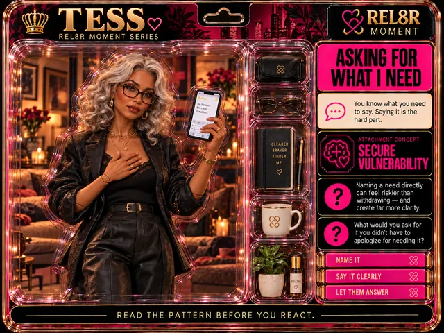 Tess / Asking for What I Need (Card 06): Tess standing, right hand flat on her chest, phone with a Notes screen held up in her left hand, against a printed warm evening living room with roses and candles backplate; a black clutch with the emblem, glasses, a black notebook reading CLEARER BRAVER KINDER ME with a gold-capped black pen, a white mug with the emblem and a potted plant and a bottle labelled BREATHE in the side pockets; Secure Vulnerability panels.