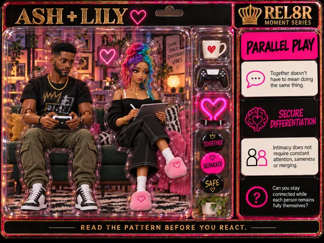 Ash + Lily / Parallel Play (Card 17): Ash seated, a white controller in both hands, eyes on the game and Lily seated, drawing on a tablet with a stylus, legs crossed, against a printed plant-filled living room with a green sofa and a sign reading SAME SPACE DIFFERENT VIBES backplate; a white mug with a heart, a black controller, a neon heart lamp and a small potted plant in the side pockets; Secure Differentiation panels.