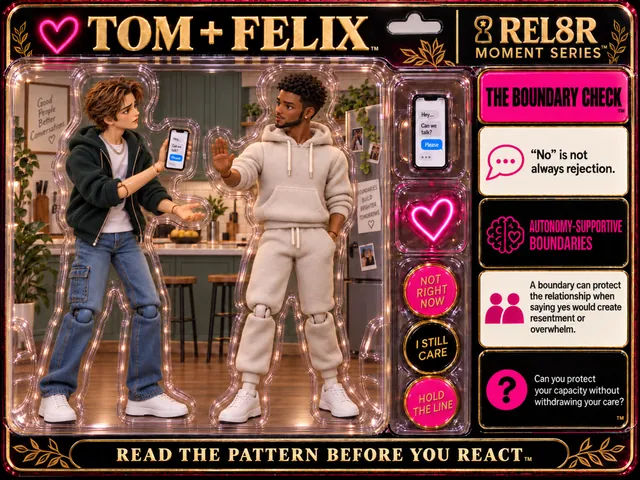 Tom + Felix / The Boundary Check (Card 19): Tom standing, leaning in, phone held out in his right hand and Felix standing, stepping back, right hand raised palm out, calm and firm, against a printed bright modern kitchen with a fridge note reading BOUNDARIES BUILD BRIGHTER TOMORROWS and a poster reading Good People Better Conversations backplate; a phone reading Hey... Can we talk? Please and a neon heart in the side pockets; Autonomy-supportive Boundaries panels.