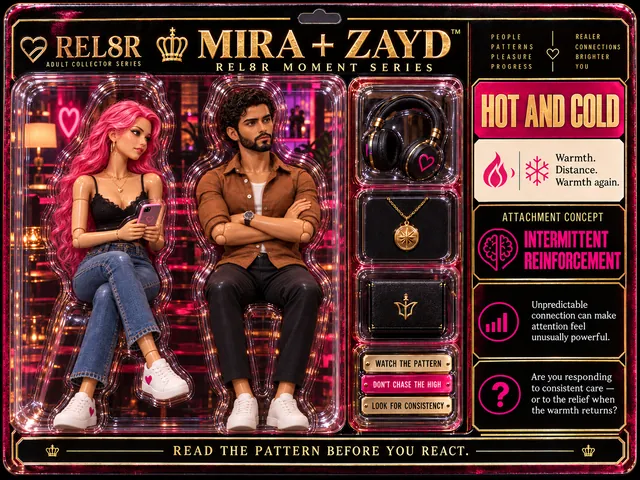 Mira + Zayd / Hot and Cold (Card 10): Mira seated, leaning toward him with an expectant smile, pink phone in both hands and Zayd seated, arms crossed tightly over his open shirt, shoulders square to the viewer, head turned to his right with his gaze going past her into the distance, against a printed dark lounge with a pink neon heart, a warm table lamp, bands of mirrored glass with pink bokeh lights, blurred figures and a palm backplate; black-and-gold headphones with a pink heart, a gold compass pendant on a chain and a black jewelry box with a gold insignia in the side pockets; Intermittent Reinforcement panels.