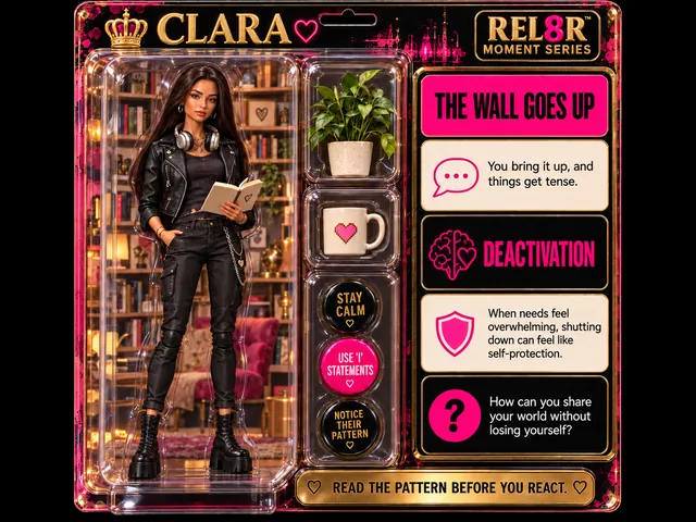 Clara / The Wall Goes Up (Card 12): Clara standing, an open book in her left hand, right hand tucked in her front trouser pocket, against a printed symmetrical bookshelf wall with a pink armchair backplate; a potted plant and a white mug with a pixel heart in the side pockets; Deactivation panels.