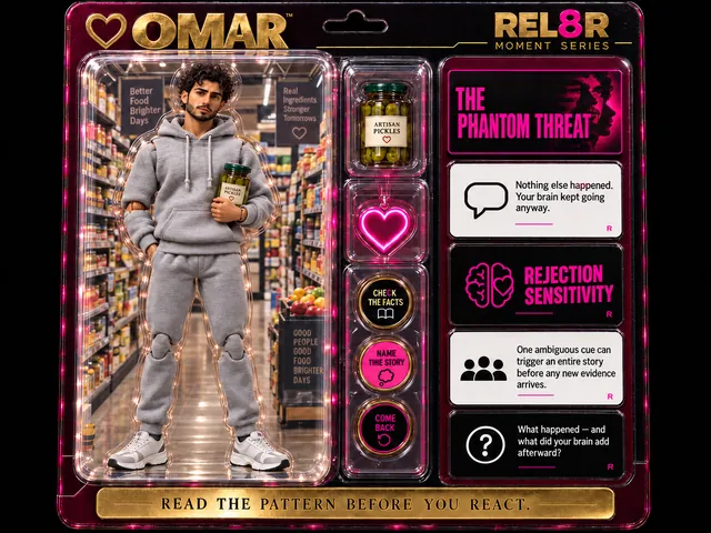 Omar / The Phantom Threat (Card 13): Omar standing in the aisle, a jar of pickles in his left hand, right hand in his sweatpants pocket, eyes narrowed under a knitted brow with one eyebrow raised, a slight frown, against a printed supermarket aisle with signs reading Better Food Brighter Days, Real Ingredients Stronger Tomorrows and GOOD PEOPLE GOOD FOOD BRIGHTER DAYS backplate; a jar of artisan pickles and a neon heart in the side pockets; Rejection Sensitivity panels.