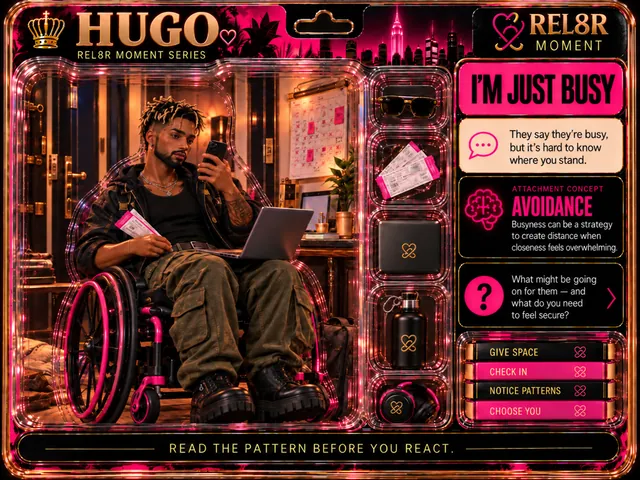 Hugo / I’m Just Busy (Card 03): Hugo seated in his wheelchair with hot-pink rims, facing the viewer, phone raised in his left hand, two tickets fanned in his right hand, an open laptop across his lap, against a printed penthouse door at night, a wall calendar marked in red, a desk with a plant backplate; sunglasses, three overlapping tickets with pink stubs, a black card case with the emblem, a black bottle with the emblem and black-and-pink headphones in the side pockets; Avoidance panels.