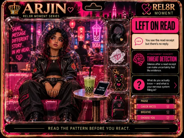 Arjin / Left on Read (Card 02): Arjin seated on a pink booth beside a small round table, both hands resting palms-down in her lap with the fingertips meeting, looking up and to her right, away from the phone, against a printed neon boba bar at night with a BOBA sign and the words SAME MESSAGE DIFFERENT STORY IN MY HEAD backplate; black headphones with a heart, a crumpled note with a pink broken heart, a black bunny keychain charm and a black mini backpack with pink trim in the side pockets; Threat Detection panels.