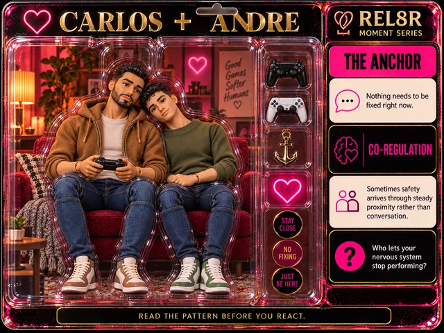 Carlos + Andre / The Anchor (Card 16): Carlos seated, a controller in both hands, steady and Andre seated, head resting on Carlos's shoulder, eyes soft, hands together in his lap, against a printed living room with a burgundy sofa, a lamp, plants and a poster reading Good Games Softer Humans backplate; a black controller, a white controller, a gold anchor charm and a neon heart in the side pockets; Co-regulation panels.