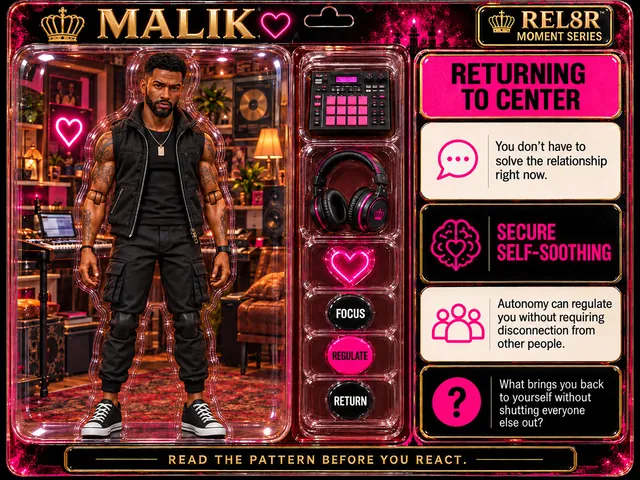 Malik / Returning to Center (Card 14): Malik tall waif-skinny stance, face tilted away at an angle while his intense gaze remains locked directly dead center at the camera, against a printed home music studio with keyboards, a gold record, a lamp and an armchair backplate; a drum machine, black-and-pink headphones with a crown and a neon heart in the side pockets; Secure Self-soothing panels.