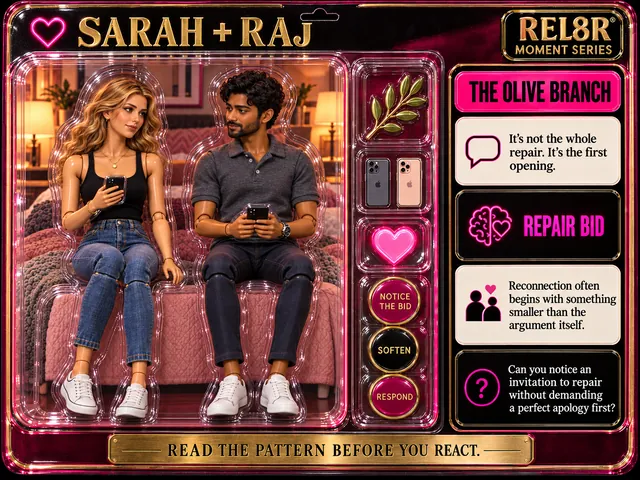 Sarah + Raj / The Olive Branch (Card 15): Sarah seated, phone in her right hand, her left hand resting on the bed, glancing at him with a small hopeful smile and Raj seated, phone in both hands, a reluctant smile beginning, against a printed bedroom with a pink quilted bed and warm lamps backplate; a gold olive branch, two phones and a neon heart in the side pockets; Repair Bid panels.
