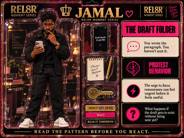 Jamal / The Draft Folder (Card 11): Jamal standing, phone in his right hand, left index finger to his lip, against a printed dark interior with books and plants and a poster reading A CALMER YOU BUILDS A BRIGHTER TOMORROW backplate; a phone reading Draft Saved: 11:42 PM, a notepad reading Process Don't Perform. with a pencil and a brass key with a crown in the side pockets; Protest Behavior panels.