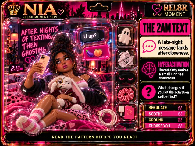 Nia / The 2AM Text (Card 01): Nia lying back on a pink bed, phone held up in her right hand, Fausto, her white stuffed hare, in her lap, eyes rolled up, against a printed neon bedroom with a lamp and a clock reading 2:13 AM backplate; a ghost, a crumpled note with a broken heart, a sleep mask, a pink scrunchie and a pink charger brick and a white plug, their coiled white cable lying in the lower-right lobe of the doll chamber in the side pockets; Hyperactivation panels.