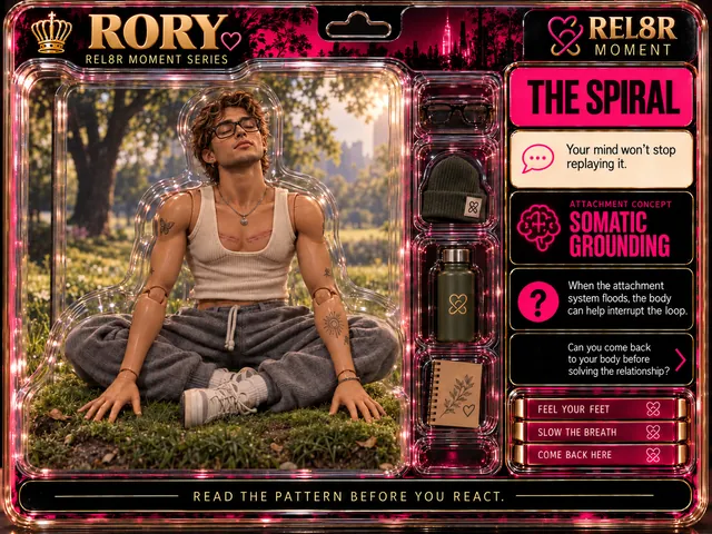 Rory / The Spiral (Card 05): Rory cross-legged on a flocked grass insert, eyes closed, both hands pressed into the grass, chest open mid-breath, against a printed hazy morning park with sunlit trees backplate; black glasses, an olive beanie with the emblem patch, an olive steel bottle with the emblem and a kraft notebook with a botanical drawing in the side pockets; Somatic Grounding panels.