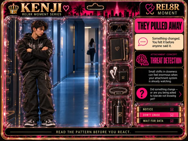 Kenji / They Pulled Away (Card 07): Kenji standing, arms folded, head turned toward the hallway where someone is walking away, against a printed cold blue hallway, a woman walking straight away down its centre toward the lit far end backplate; sunglasses, a black spiral notebook with a gold broken-heart emblem and a black-and-gold pen, earbuds with their case, a chain bracelet engraved BREATHE and a black bottle with the emblem in the side pockets; Threat Detection panels.