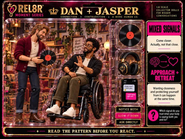 Dan + Jasper / Mixed Signals (Card 09): Dan standing, leaning in, holding out a vinyl record and Jasper in his black manual wheelchair, left hand raised palm out, smiling, against a printed maximalist indie living room with a poster reading Good Music Brighter People backplate; a vinyl record with a red label, black-and-gold headphones with the emblem and a phone reading Come over? I miss you. and I need space right now. in the side pockets; Approach + Retreat panels.