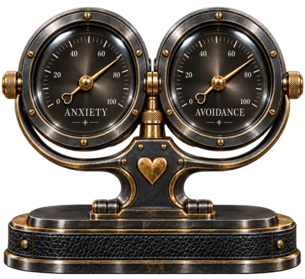 Attachment Compass: twin Anxiety and Avoidance gauges in blackened gunmetal with knurled brass knobs on an embossed leather base.