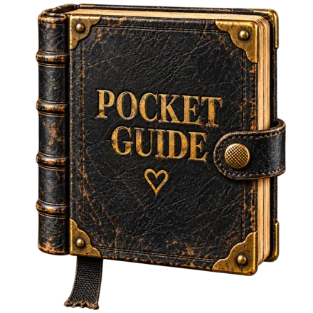 Pocket Guide: a matte black leather pocket journal with antiqued brass corners, a knurled brass snap and parchment page edges.